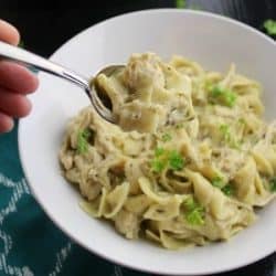 Slow Cooker Herb Chicken Noodles recipe is a hearty meal with shredded chicken, egg noodles, and herbs like thyme and parsley.