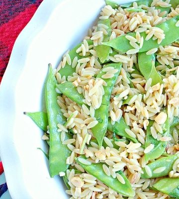 Orzo with Snap Peas and Peanuts packs amazing flavor and crunch in every bite! And this dish is healthy too, with lots of protein and fiber!