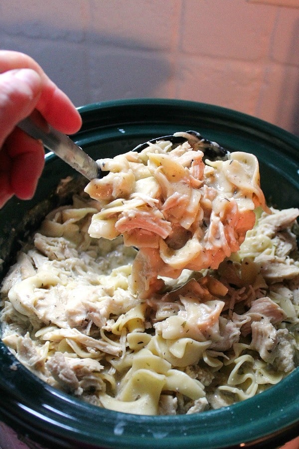 Slow Cooker Herb Chicken Noodles recipe is a hearty meal with shredded chicken, egg noodles, and herbs like thyme and parsley.