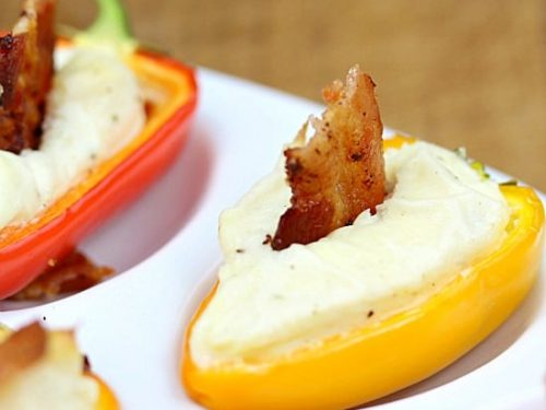 Bacon Ranch Mini Pepper Popper - the perfect little appetizer. A sweet mini bell pepper, stuffed with ranch spiked cream cheese then topped with a bite of crispy bacon!