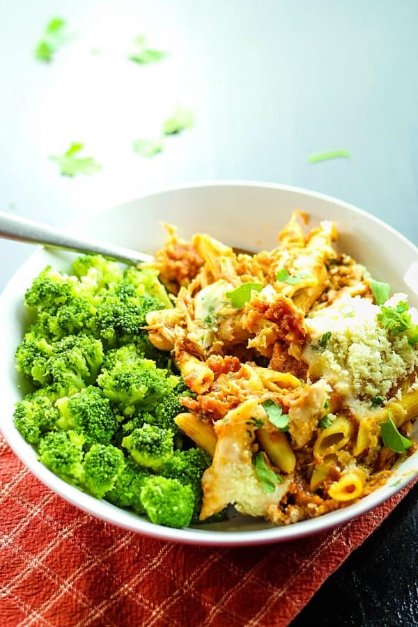 Slow Cooker Chicken Parmesan with Penne Pasta -  tender chicken, tangy sauce and velvety melted cheese - this entire Italian classic is made in the slow cooker, even the pasta!