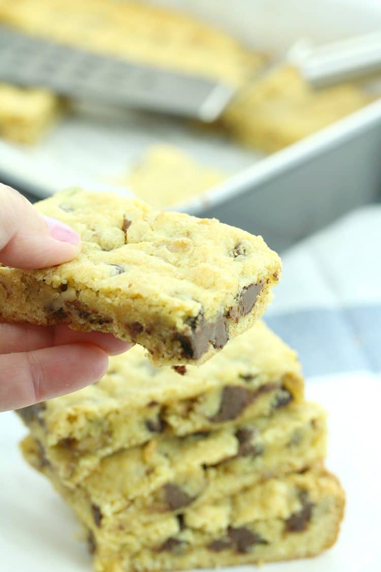 Walnut Chocolate Chip Cake Mix Bar Cookies - a simple and delicious recipe that uses only 5 ingredients.