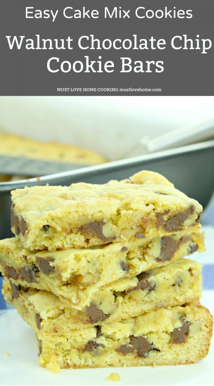 Walnut Chocolate Chip Cake Mix Bar Cookies - a simple and delicious recipe that uses only 5 ingredients.