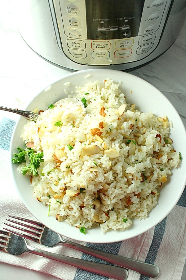 Instant Pot Almond Rice is lightly spiced, crisp and crunchy.