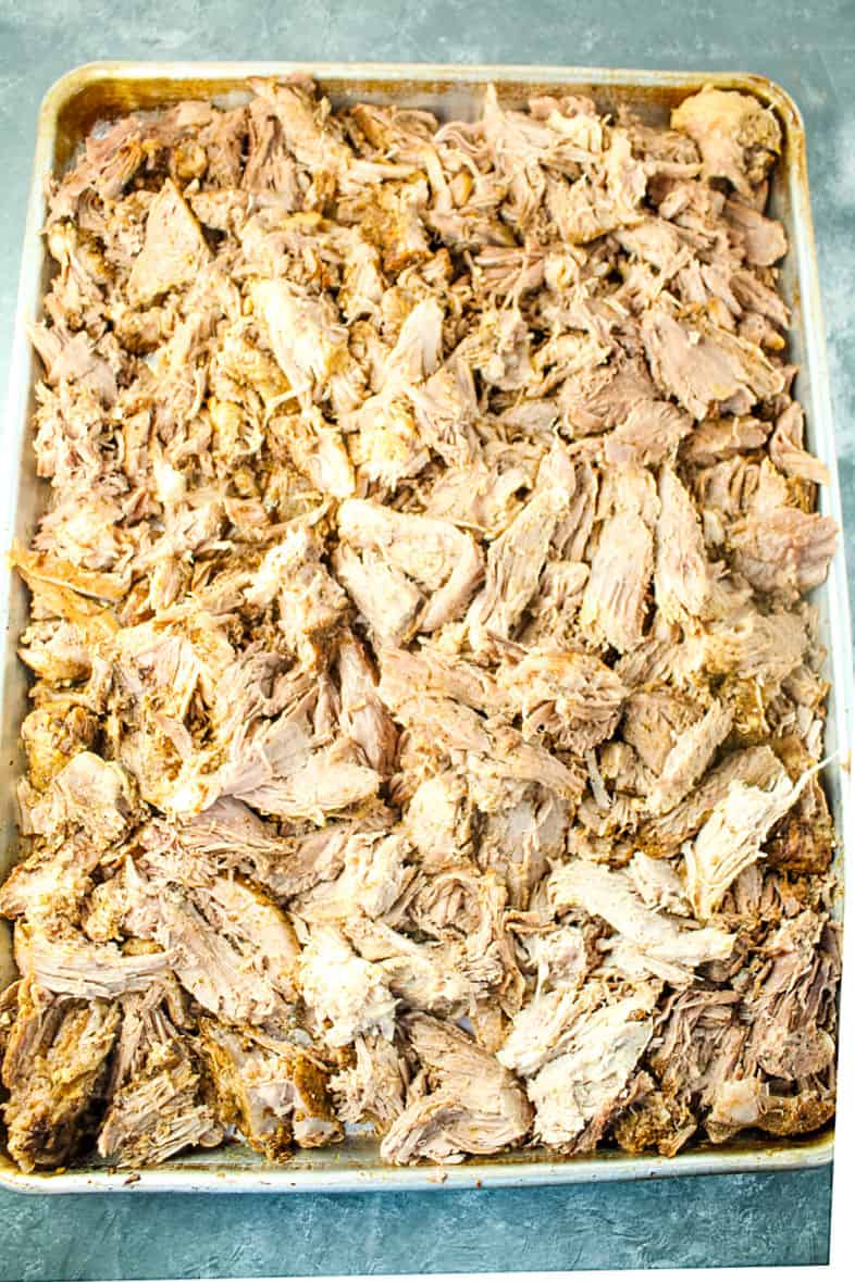 shredded pork ready for crisping under the broiler