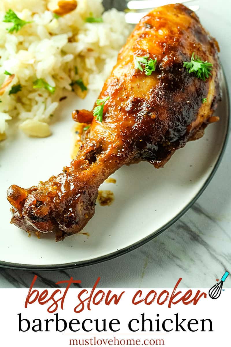 Slow Cooker Barbecue Chicken is made easy in the crock pot with moist chicken legs and an addictive savory sweet barbecue sauce. #mustlovehomecooking