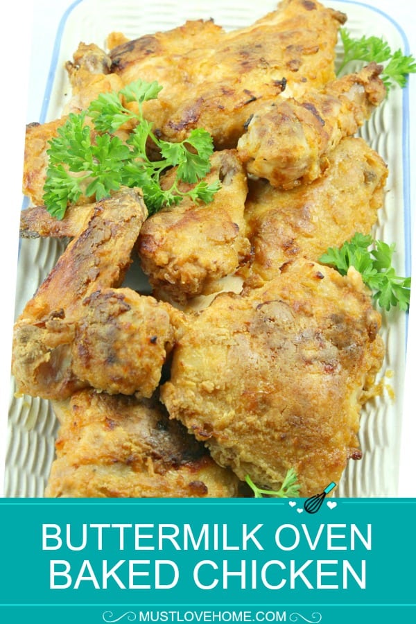 Buttermilk Oven Fried Chicken is a spicy, crunchy and healthier way to satisfy your fried chicken cravings but with  no oil spatter. It's crispy and moist right from the oven!