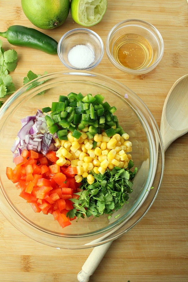 corn red pepper salsa in mixing bowl