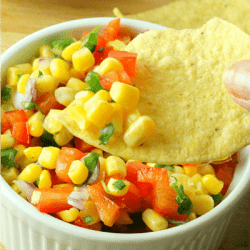 corn red pepper salsa with tortilla chip