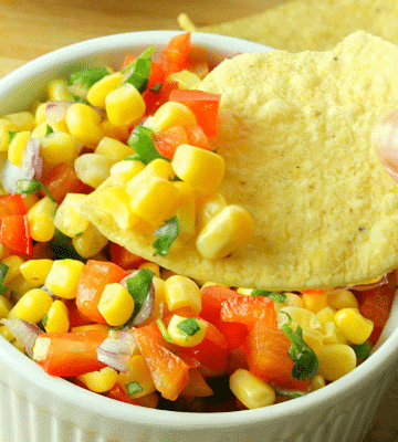 corn red pepper salsa with tortilla chip