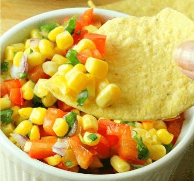 corn red pepper salsa with tortilla chip