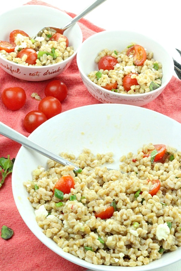 Greek Farro Tomato Salad with spoon