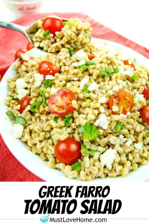 Greek Farro Tomato Salad with Feta Cheese is packed with nutty flavor, bold texture and nutrients. Ready in just 20 minutes, this versatile salad is a perfect pairing for any meal.