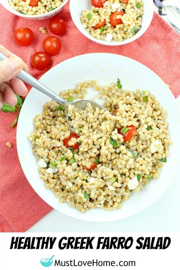 Greek Farro Tomato Salad with Feta Cheese is packed with nutty flavor, protein and nutrients. Ready in just 20 minutes, this versatile salad is a perfect pairing for any meal.