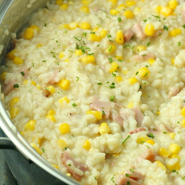 creamy ham and corn risotto in pot