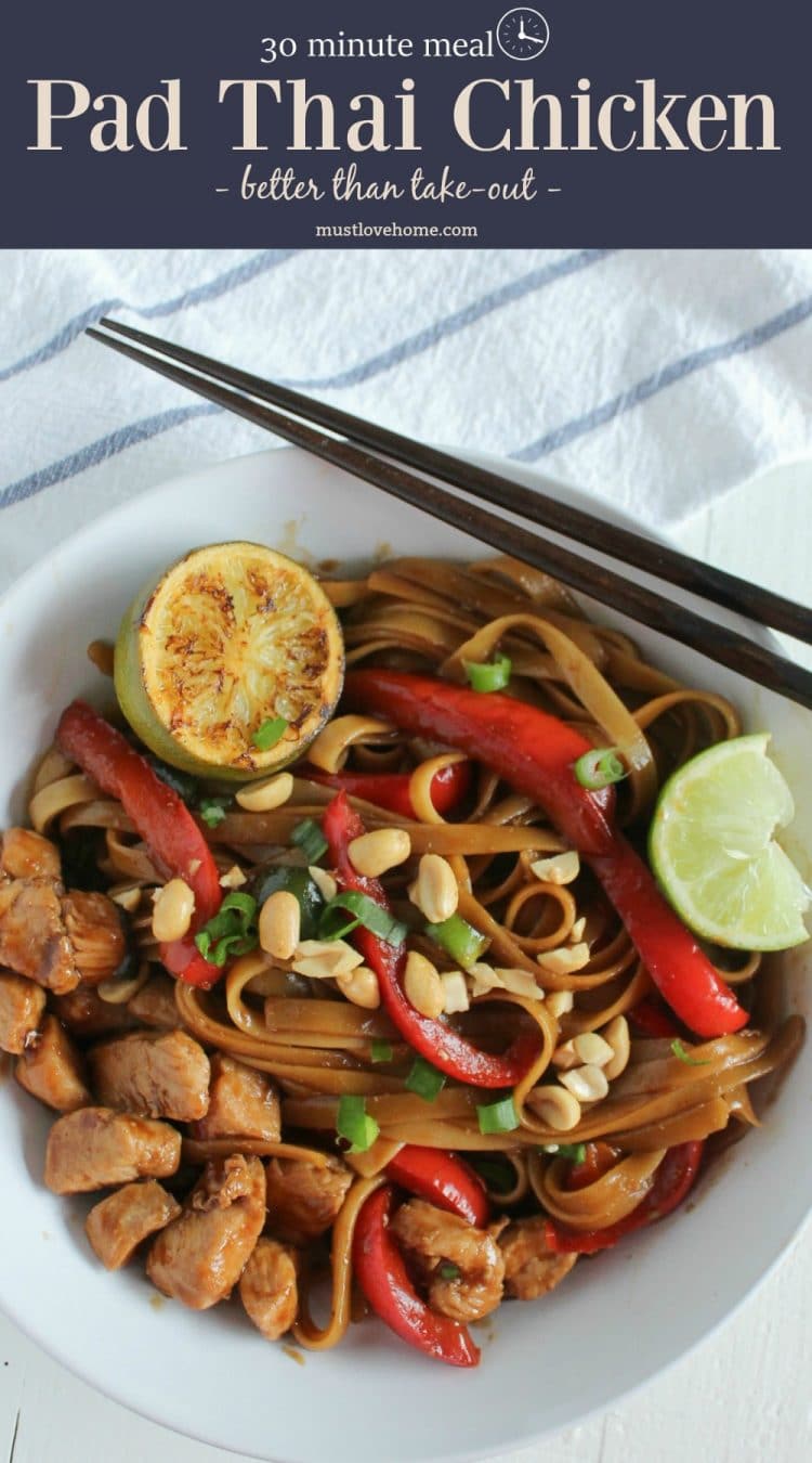 Pad Thai Chicken that is so flavorful you will banish the take-out menus forever!  Moist chunks of savory chicken, tender red pepper rings and creamy noodles bathed in a velvety soy sauce vinaigrette will have your mouth watering from start to tangy finish. It's even better made ahead!