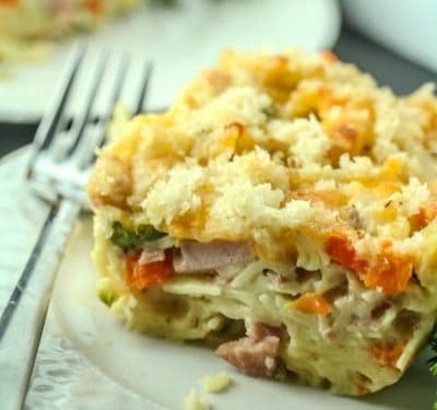 Smoked Ham Peas and Carrots Bake piece on a plate