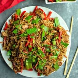 Amazing Chicken Lo Mein with garlic, soy sauce and ginger tastes like take out, but even better!  The secret is in the moist, marinated chicken!