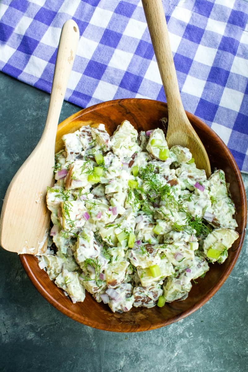 Made with baby red potatoes, this Classic No Peel Potato Salad made with baby red potatoes, celery, onion and fresh dill is bold flavored salad that is perfect for your next cookout or potluck!