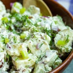 Made with baby red potatoes, this Classic No Peel Potato Salad made with baby red potatoes, celery, onion and fresh dill is bold flavored salad that is perfect for your next cookout or potluck!