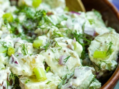 Made with baby red potatoes, this Classic No Peel Potato Salad made with baby red potatoes, celery, onion and fresh dill is bold flavored salad that is perfect for your next cookout or potluck!