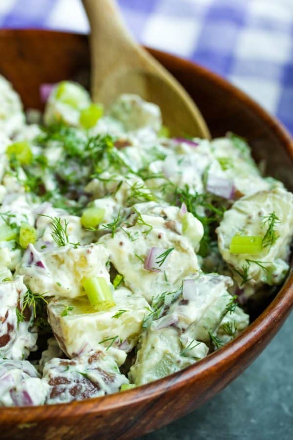 Made with baby red potatoes, this Classic No Peel Potato Salad made with baby red potatoes, celery, onion and fresh dill is bold flavored salad that is perfect for your next cookout or potluck!