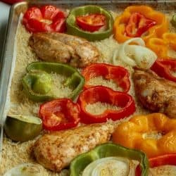 sheet pan chicken fajitas peppers and rice