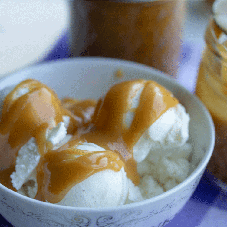 peanut butter sundae sauce on vanilla ice cream