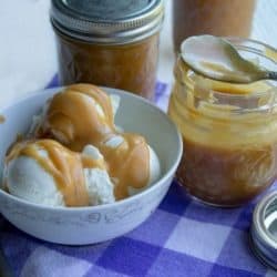 peanut butter ice cream sauce on ice cream and in a jar with spoon