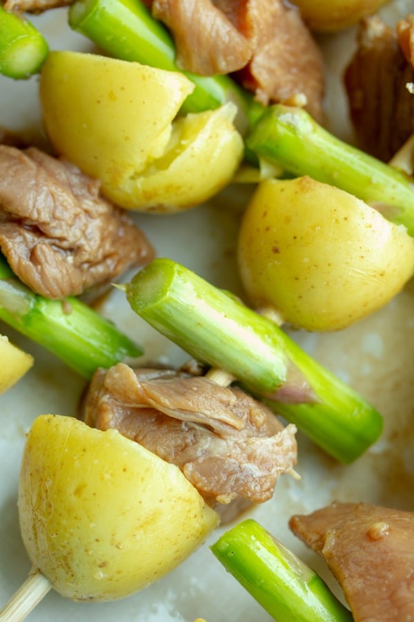 shish kebab with pork and potato ready for the grill