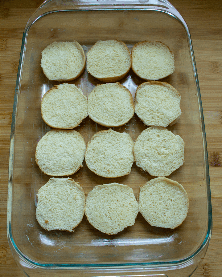 slider rolls in glass baking dish