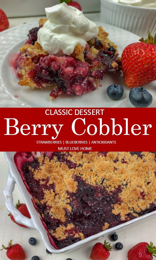 Classic Berry Cobbler recipe, with intense strawberry and blueberry flavor will have dessert fans raving. Simple and delicious, classic berry cobbler comes together quickly with a sweet, yet still tart berry layer covered in a crunchy crumb topping.