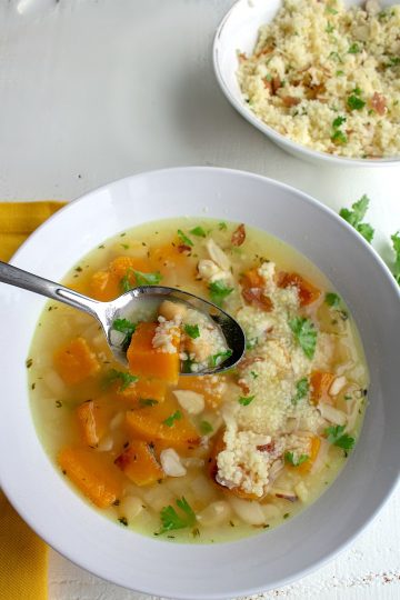 Savory Butternut Squash Bean Soup is a protein-packed blend of butternut squash, white beans, chickpeas and couscous.