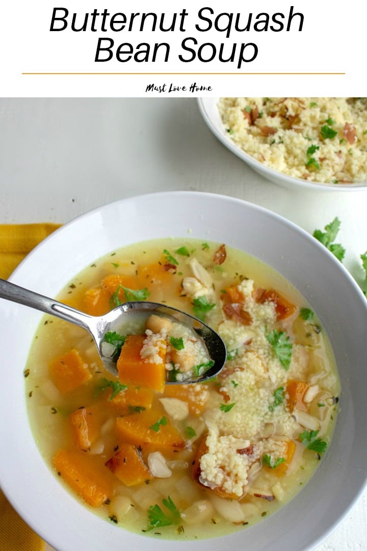 Savory Butternut Squash Bean Soup is a savory protein-packed blend of butternut squash, white beans, chickpeas and couscous. Warm, comforting and so tasty this will be a favorite family soup.