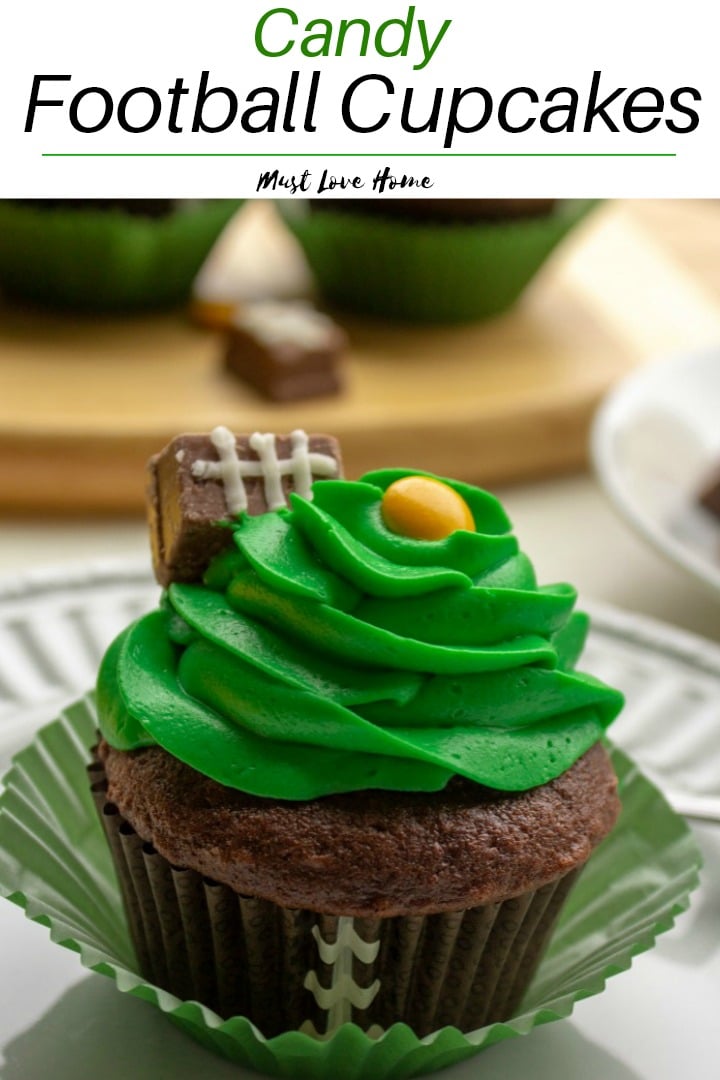 Easy Candy Football Cupcakes are chocolate cake, topped with rich buttercream frosting. Decorated with candies, these cupcakes are perfect for game day parties and tailgating!