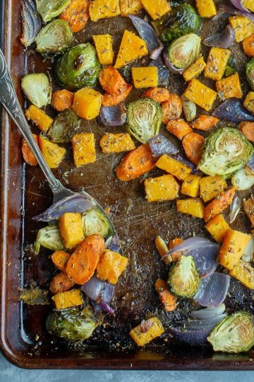 Delicious crispy roasted vegetables made with from fresh garlic, herbs, olive oil and a big dash of parmesan cheese.