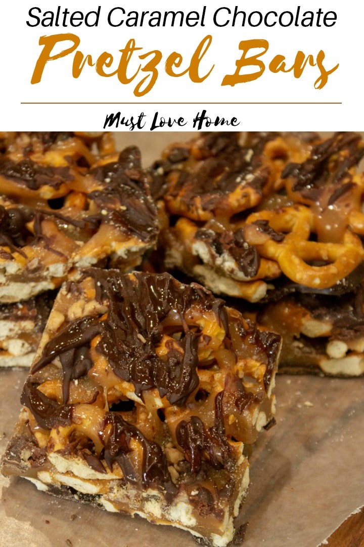 These easy Salted Caramel Chocolate Pretzel Bars have only 6 ingredients and will quickly become your new favorite sweet and salty treat!  A deliciously simple No Bake recipe! #dessert #saltedcaramelrecipe #pretzelrecipe #pretzels