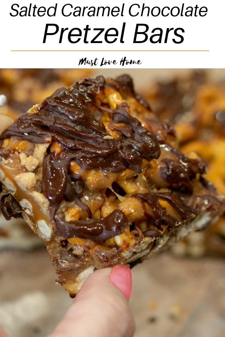 These easy Salted Caramel Chocolate Pretzel Bars have only 6 ingredients and will quickly become your new favorite sweet and salty treat!  A deliciously simple No Bake recipe! #dessert #saltedcaramelrecipe #pretzelrecipe #pretzels