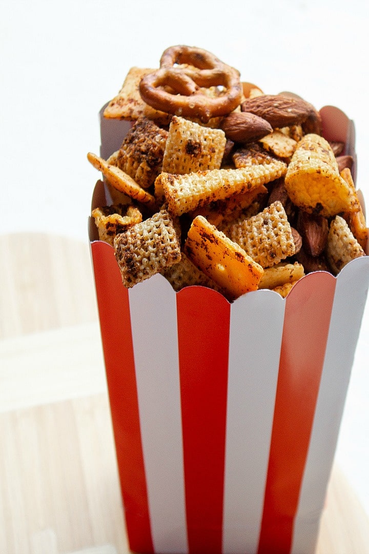 smoky snack mix in a red and white carton