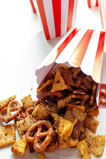 smoky snack mix in a red and white carton