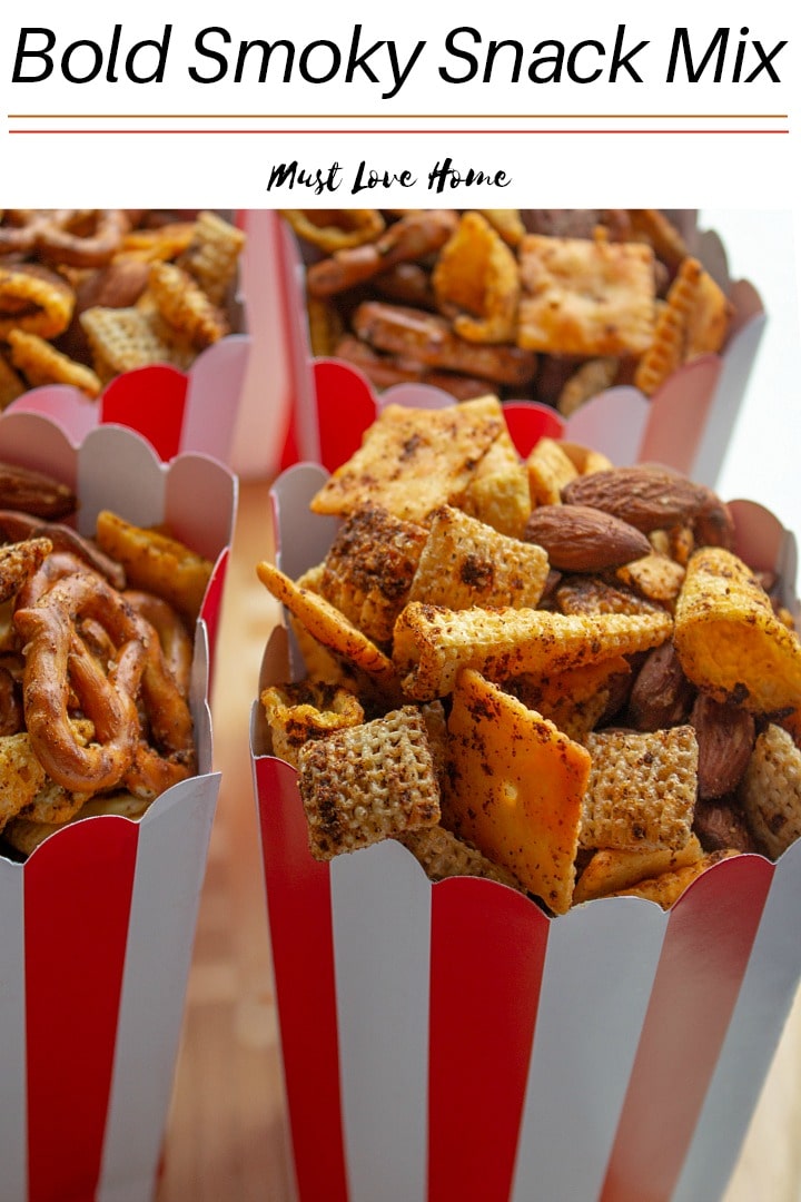 Easy Smoky Snack Mix - a buttery, crunchy treat  singed with a spice mix that will soon be a family favorite. Make this addictive snack recipe in large batches because it will go fast!