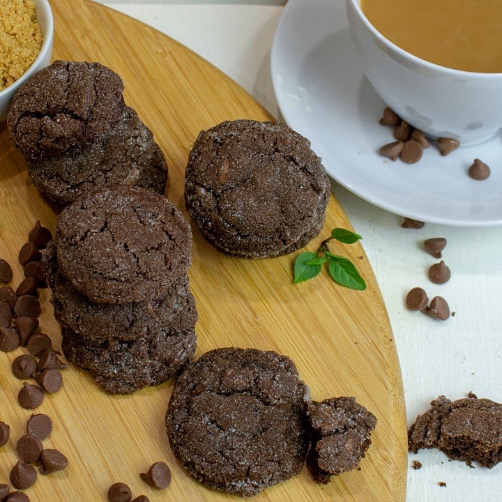 Crispy on the outside with a chewy center, Chocolate Chip Brown Sugar Cookies are double chocolate delicious! Made with brown sugar, cocoa and chocolate chips,  these addictive cookies are perfect as an after school snack or anytime! #choctoberfest #cookierecipe #snack #chocolaterecipes #dessertrecipe