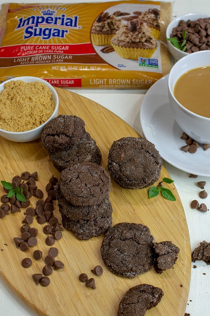 Crispy on the outside with a chewy center, Chocolate Chip Brown Sugar Cookies are double chocolate delicious! Made with brown sugar, cocoa and chocolate chips,  these addictive cookies are perfect as an after school snack or anytime! #choctoberfest #cookierecipe #snack #chocolaterecipes #dessertrecipe