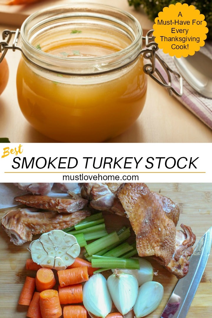 Best Smoked Turkey Stock, savory and rich with smoked turkey wings, is just what you need to up the flavor ante of soups, stews and gravy. Try this silky stock recipe as a base for rice dishes too! #smokedturkeystock #thanksgivingstock #homemadestockrecipe #stockrecipe #turkeystock #thanksgivingrecipes