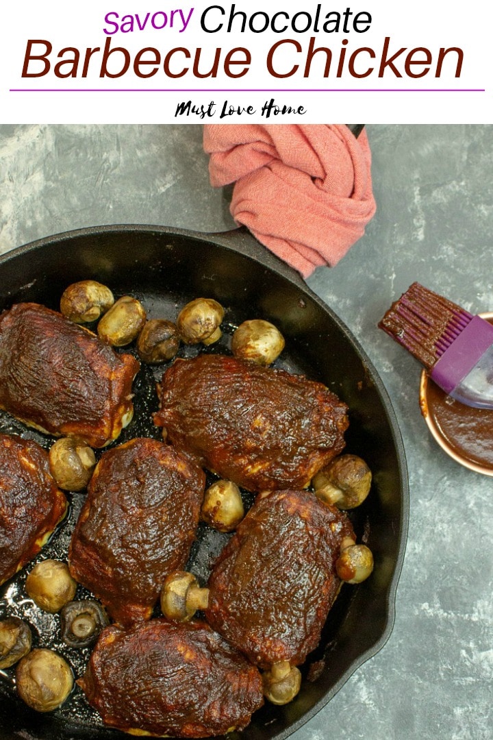 Smooth and spicy, Savory Chocolate Barbecue Chicken is smothered in a rich sauce made with dark chocolate, cumin, cider vinegar, brown sugar and a splash of coffee.   A complex sauce paired with chicken for an undeniably different and delicious taste!