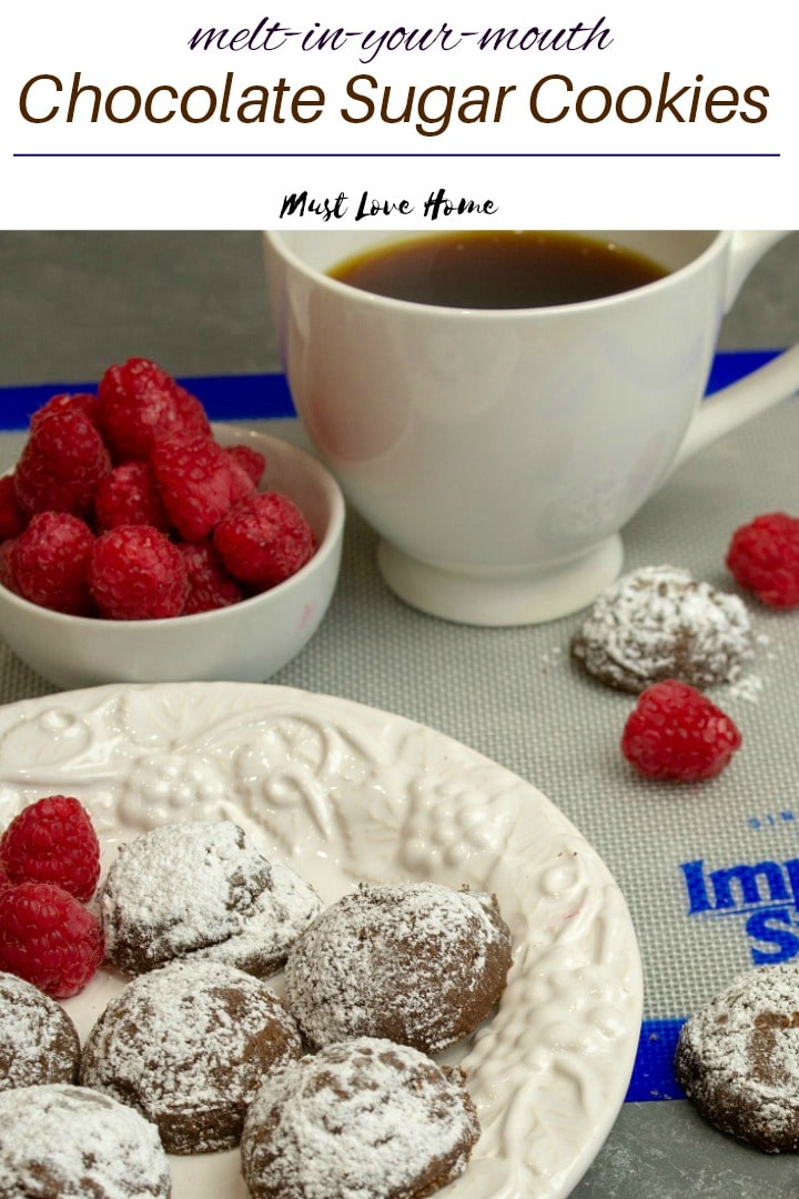 Delicate and sweet, Chocolate Melt In Your Mouth Sugar Cookies use only a handful of ingredients to produce a tender cookie that literally melts in your mouth. Perfect for holiday parties and gift giving! #chocolate #cookierecipes #butterrecipe #snack #choctoberfest