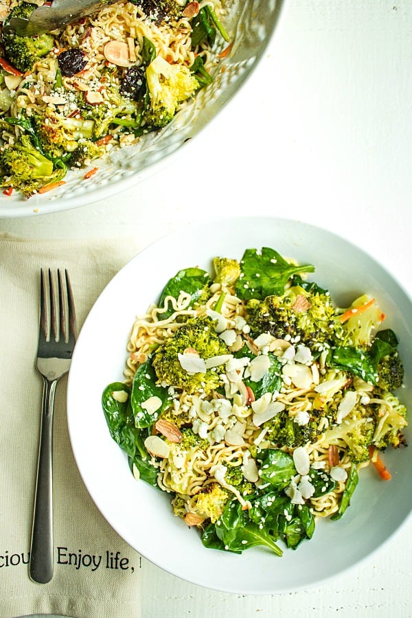 Cold Noodle Broccoli Spinach Salad is a tasty blend of ramen noodles, roasted fresh broccoli and spinach, tossed in a light vinaigrette. 