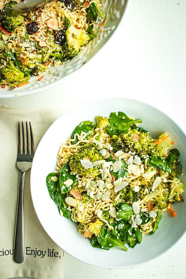 Cold Noodle Broccoli Spinach Salad is a tasty blend of ramen noodles, roasted fresh broccoli and spinach, tossed in a light vinaigrette.