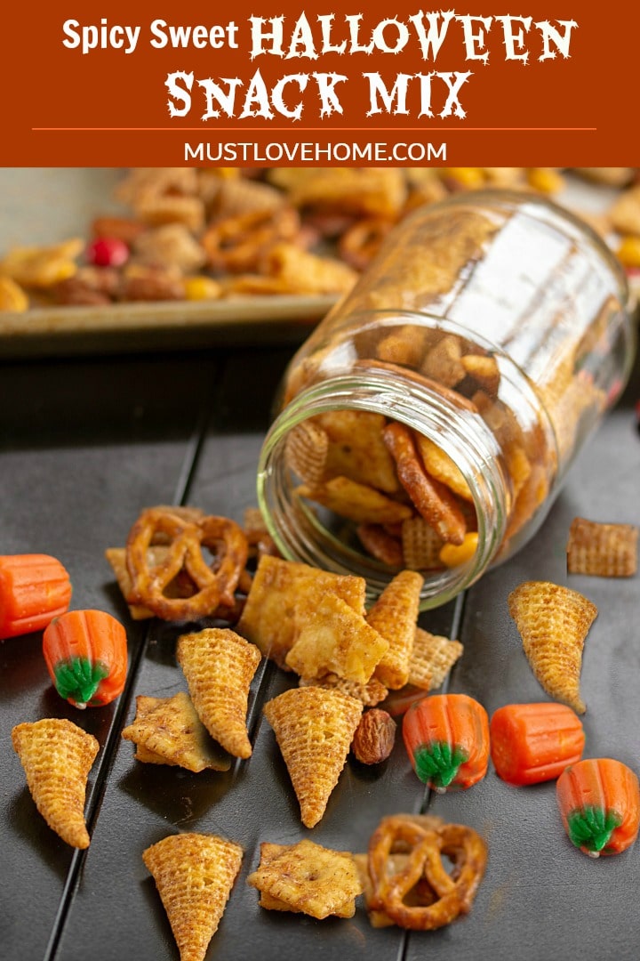 Spicy Sweet Halloween Snack Mix is an easy to make crunchy treat the entire family will love! Great for parties and bagged treats too!