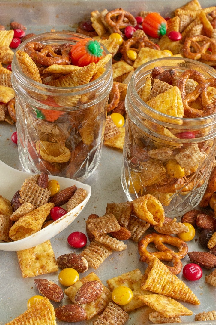 Halloween Spicy Sweet  Snack Mix is an easy to make crunchy treat the entire family will love! Great for parties and bagged treats too!